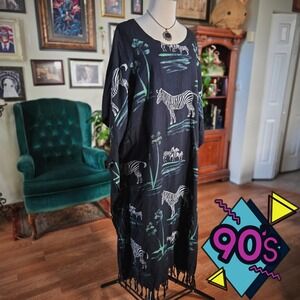 Vintage 90s Magic Zebra Print Rayon Kaftan Dress Oversized Boho Festival Maxi